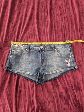 PLAYBOY Blue Denim Low-Rise Shorts with Pink Bunny Detail